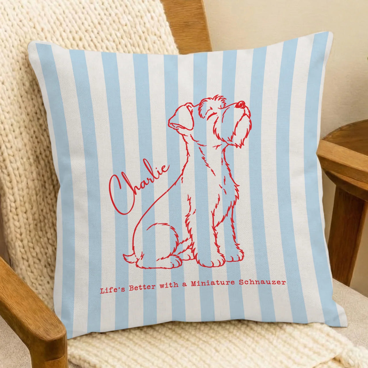 Custom Name Miniature Schnauzer Pillow Cover Blue Stripe Personalized Dog Decor
