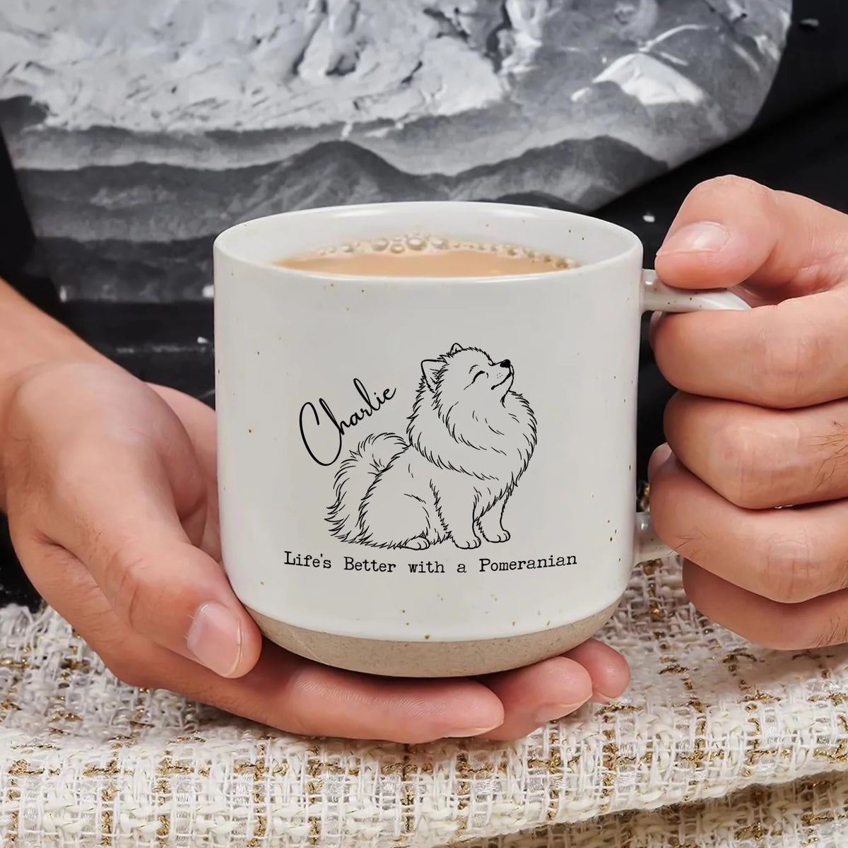 Custom Name Pomeranian 12oz Pottery Mug Blue Stripe Dog Gift