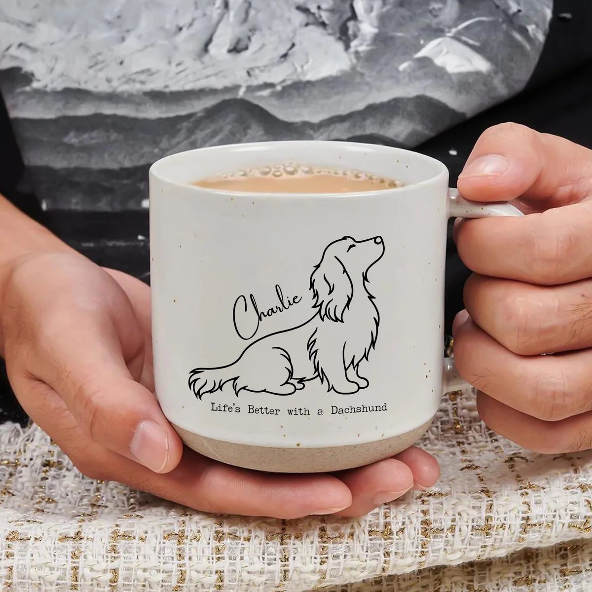 Custom Name Long Hair Dachshund 12oz Pottery Mug