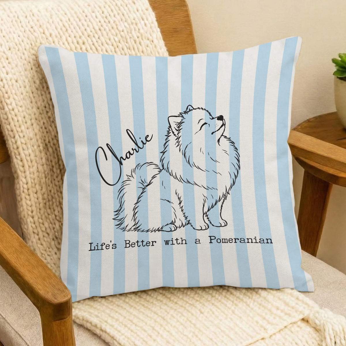 Custom Name Pomeranian Pillow Cover Blue Striped Background