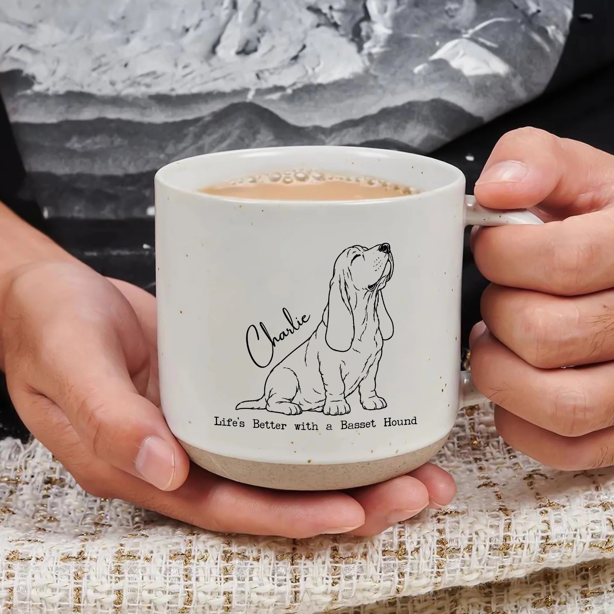 Custom Name Basset Hound 12oz Pottery Mug Personalized Dog Cup