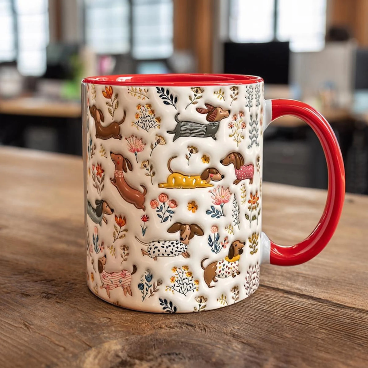 Floral Dachshund Ceramic Mug, 3D Wiener Dog Coffee Cup Gift