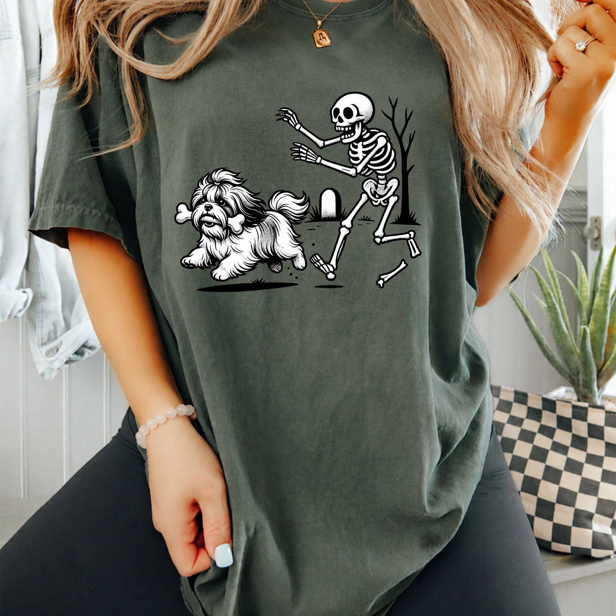 Halloween Shih Tzu Dog Shirt Funny Spooky Skeleton Pet Tee