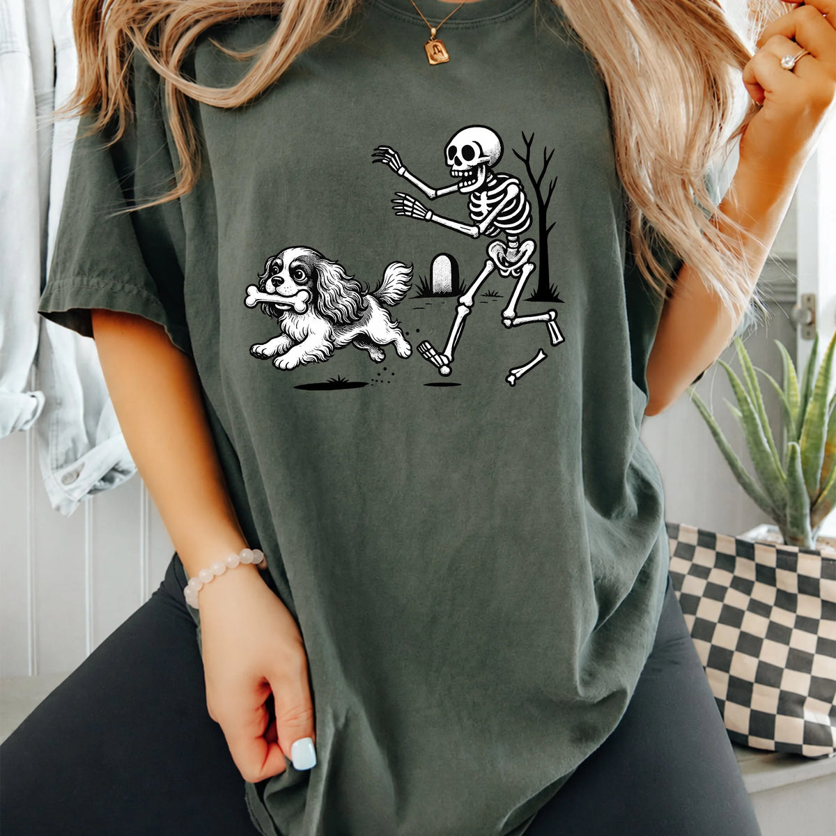 Halloween Cavalier King Charles Dog Shirt Funny Spooky Skeleton Tee