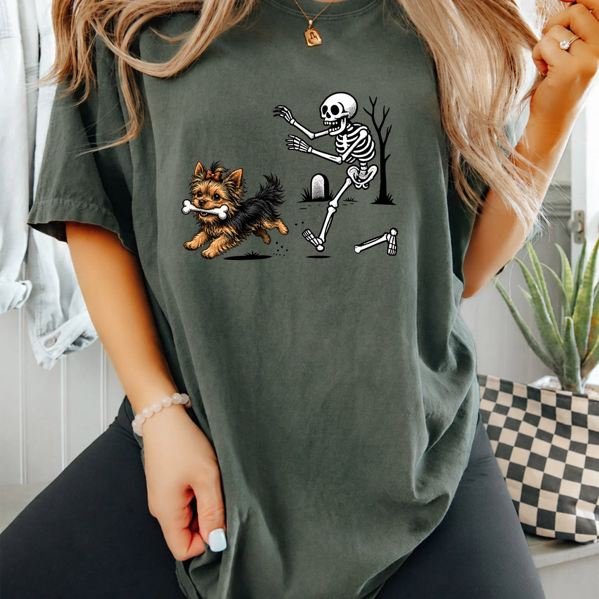Funny Halloween Yorkie Shirt Skeleton Spooky Tee for Dog Lovers