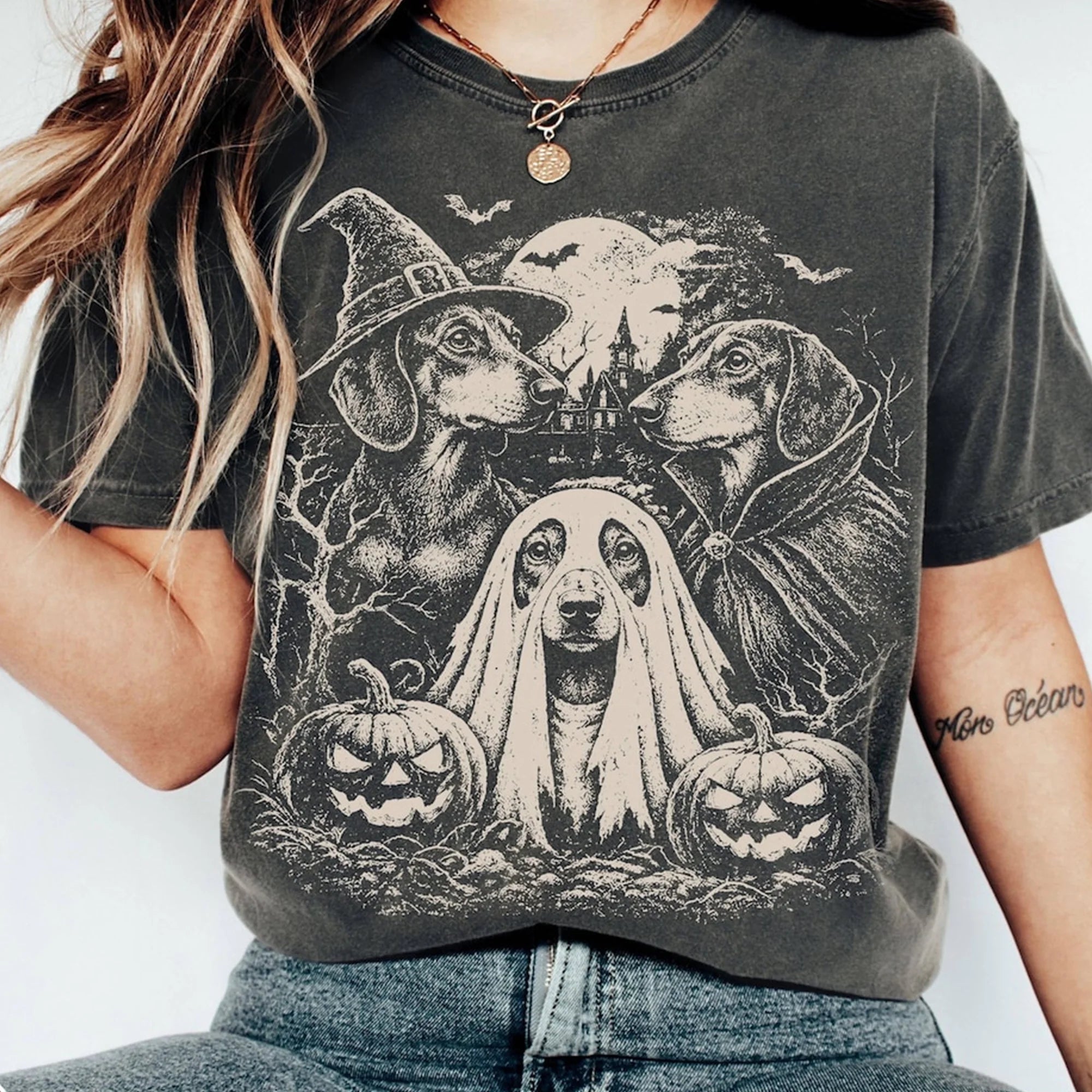Dachshund Halloween Shirt, Vintage Ghost Witch Vampire Wiener Dog Gift