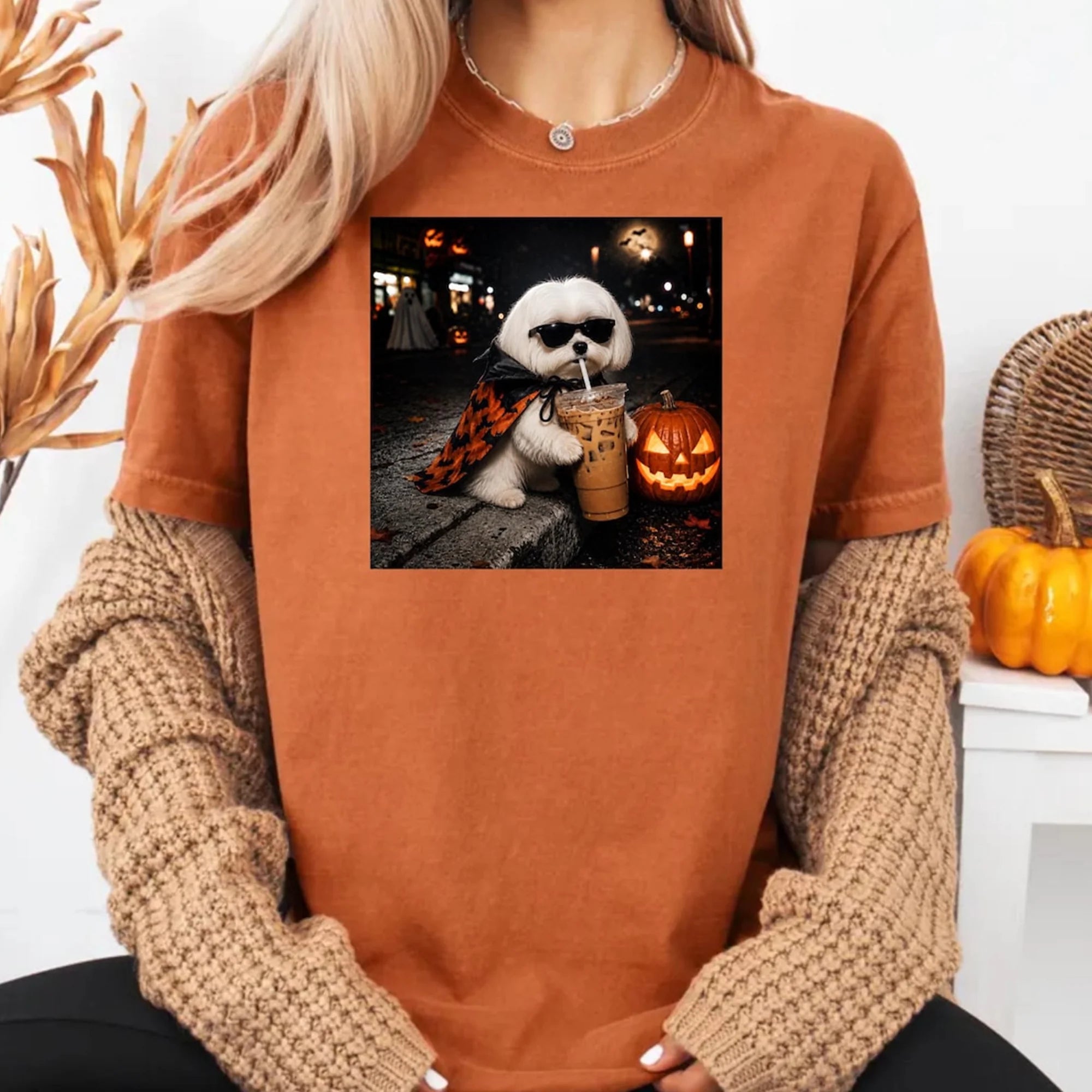 Cute Maltese Halloween Shirt, Pumpkin Iced Coffee Dog Lover Tee