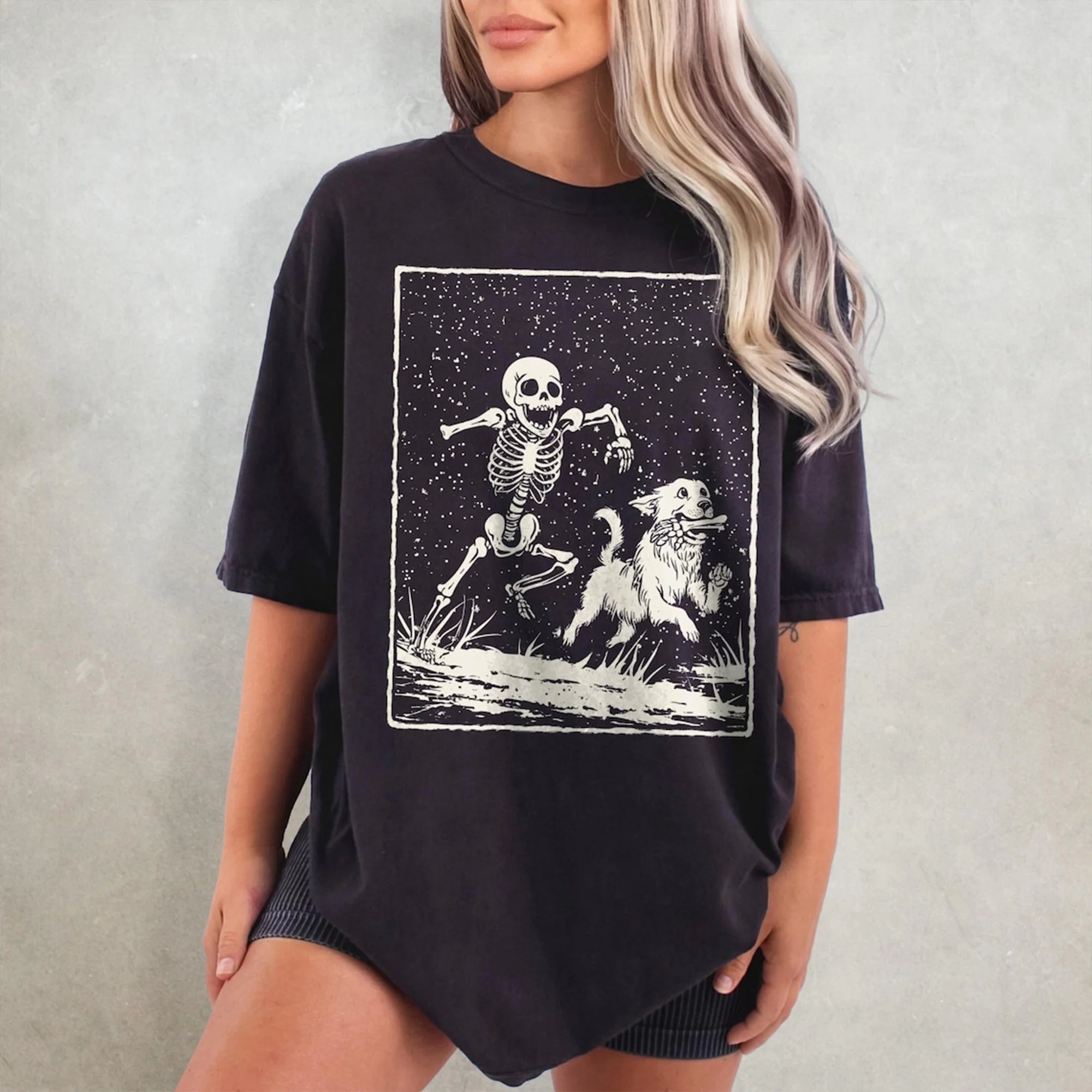 Retro Halloween Dog Shirt, Skeleton Trick or Treat Gift Tee