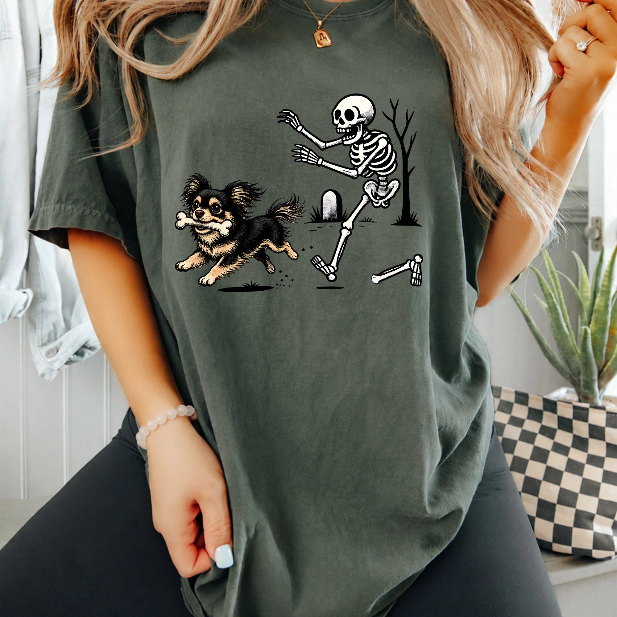 Funny Halloween Pomchi Dog Shirt, Chihuahua Skeleton Spooky Tee Gift