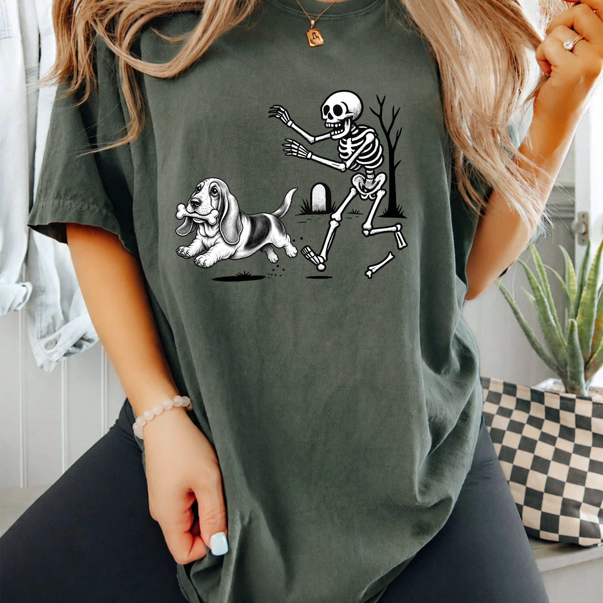 Halloween Basset Hound Shirt, Funny Skeleton Dog Tee, Spooky Season