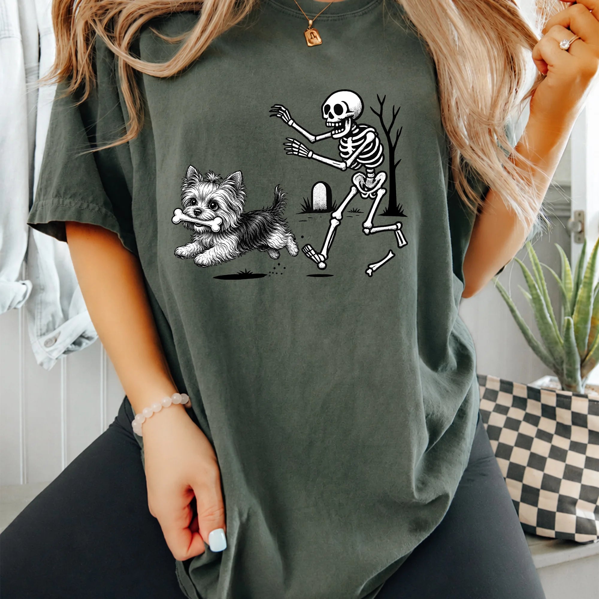 Halloween Yorkie Shirt, Funny Skeleton Dog Tee, Spooky Season