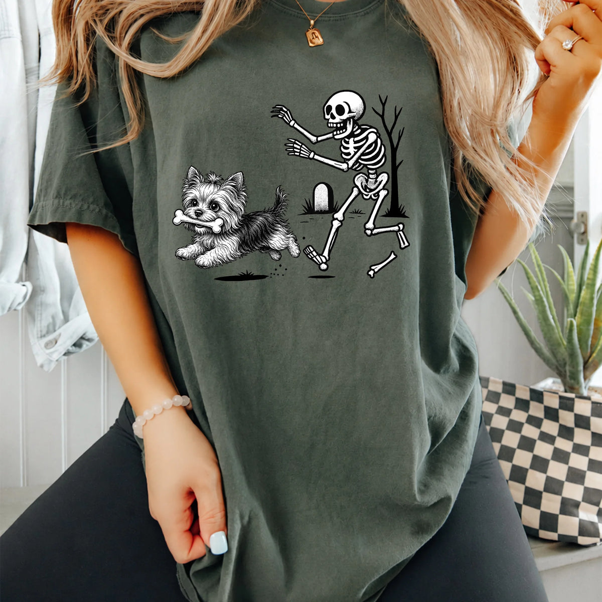 Halloween Yorkie Shirt, Funny Skeleton Dog Tee, Spooky Season