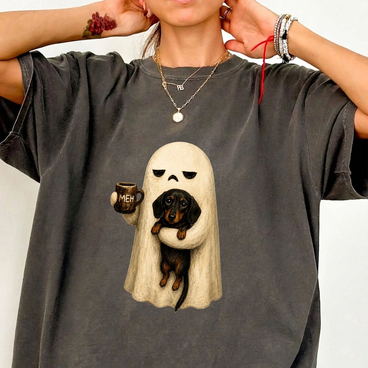 Ghost Dachshund Shirt, Spooky Black Dog Halloween Coffee Lover Gift