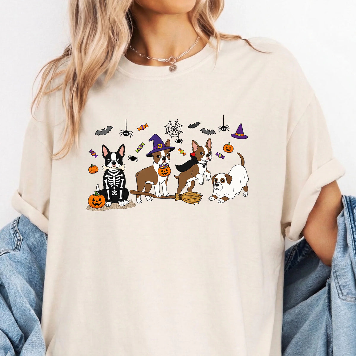 Boston Terrier Halloween Sweatshirt, Cute Pumpkin Dog Spooky Ghost Crewneck