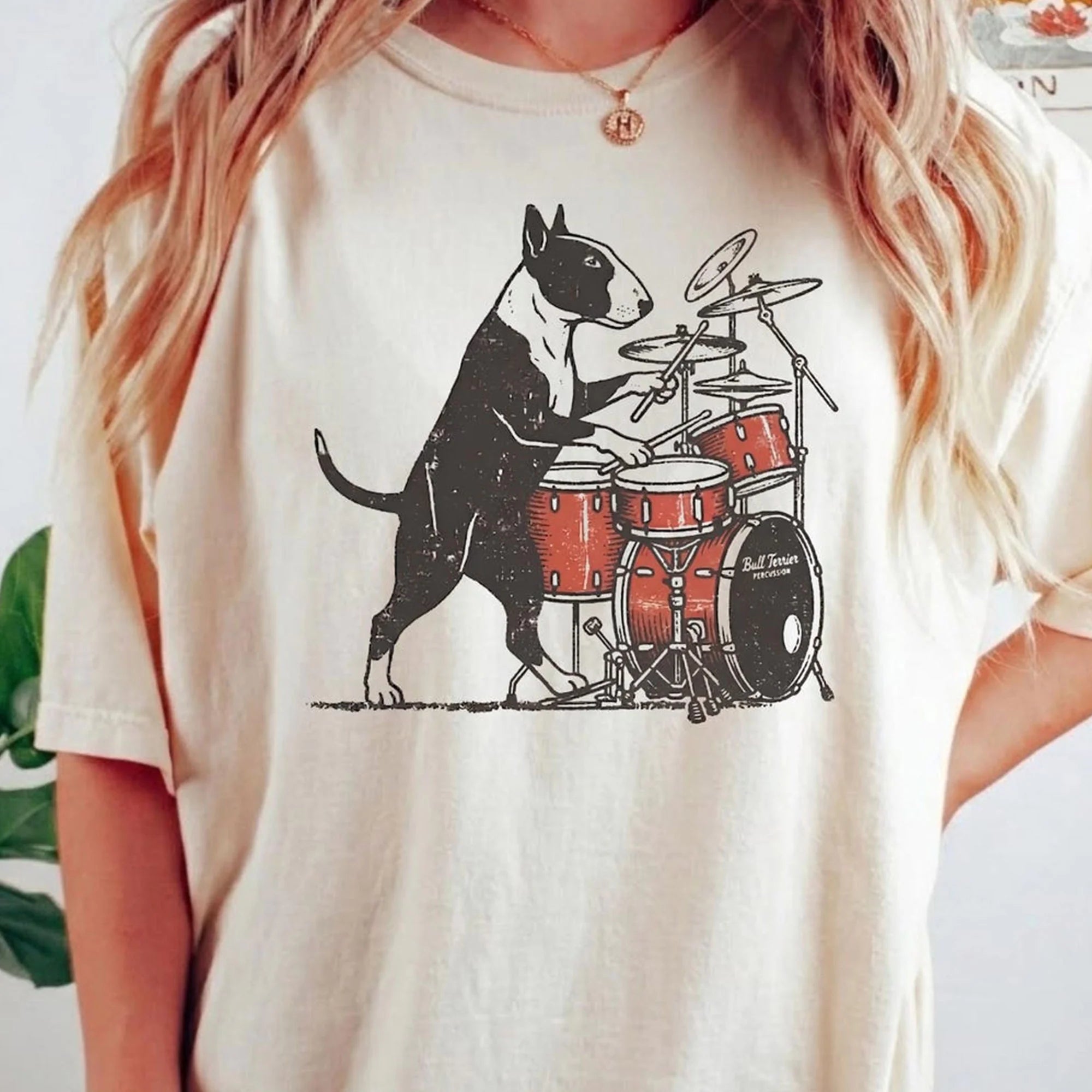 Bull Terrier Rock Shirt, Funny Drumming Dog Music Lover Gift