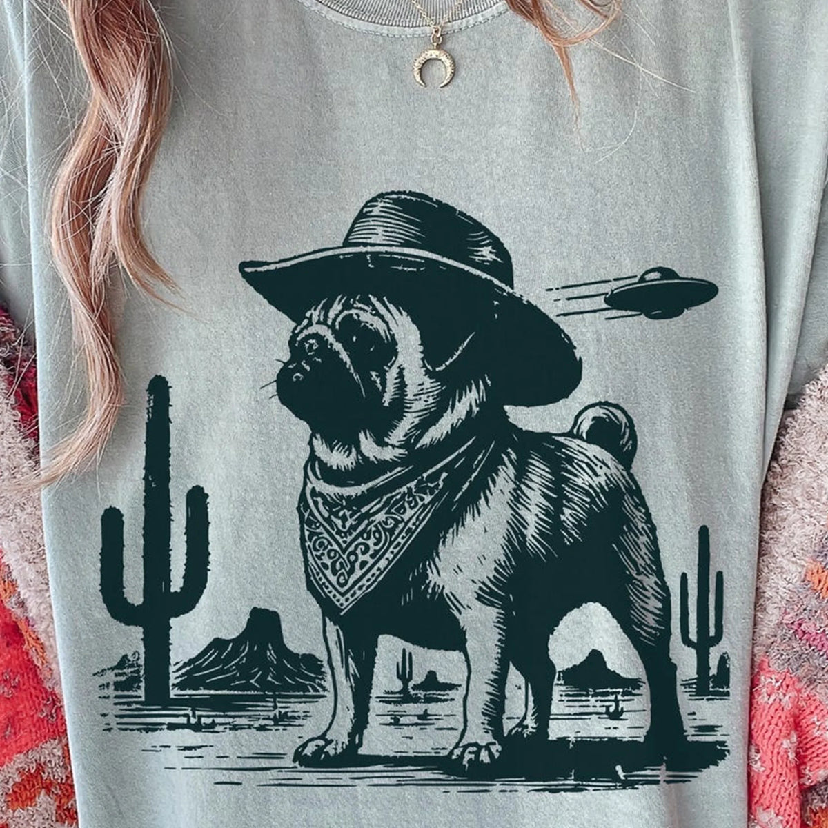 Vintage Pug UFO Cowboy Shirt, Retro Alien Dog Parent Gift