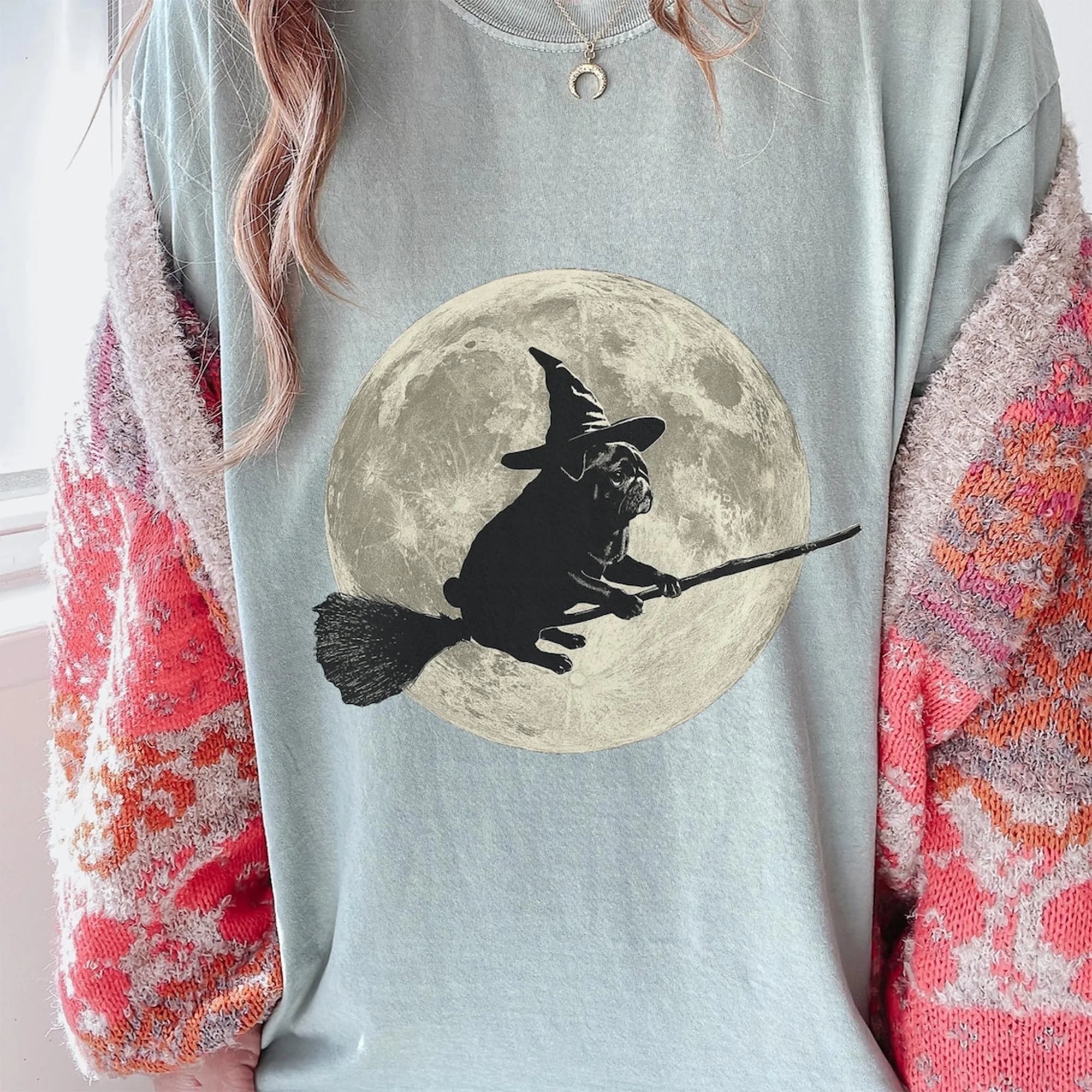 Halloween Pug Moon Shirt, Flying Broomstick Wizard Pug Parent Gift