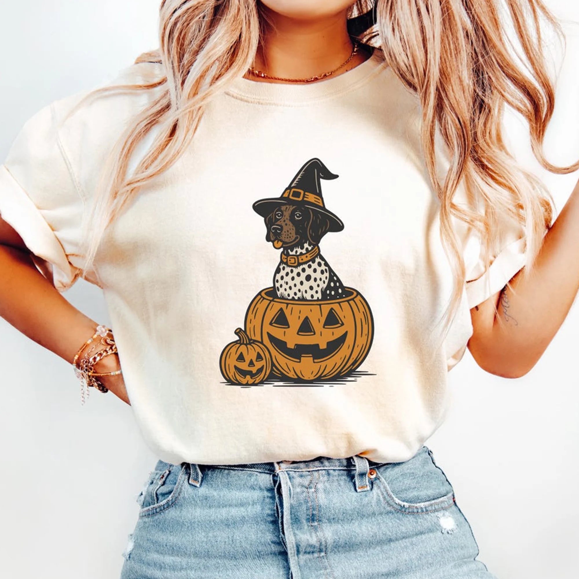 German Shorthair Pointer Halloween Pumpkin Witch Comfort Colors Dog Tee