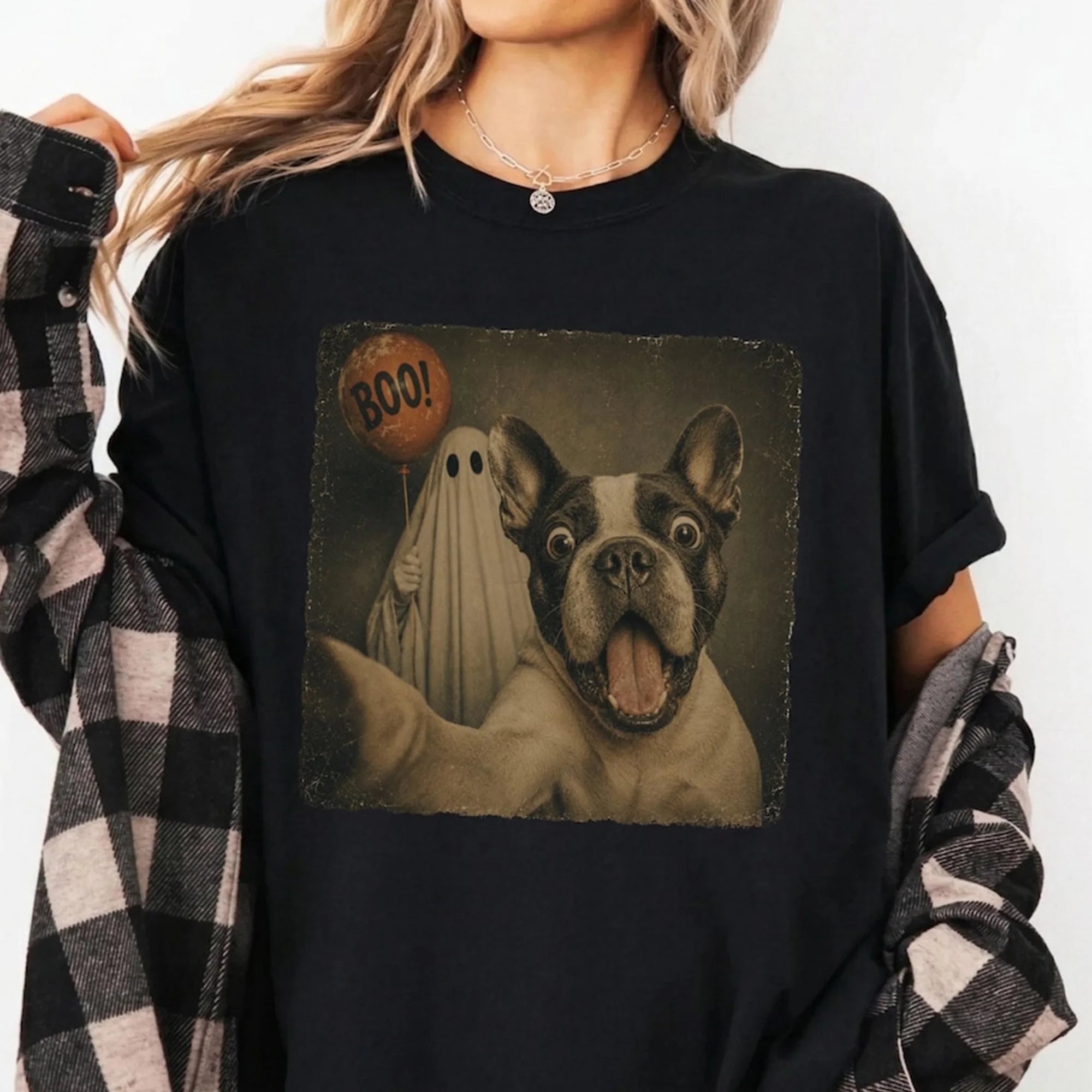 French Bulldog Halloween Ghost Selfie Vintage Comfort Colors Unisex Tshirt