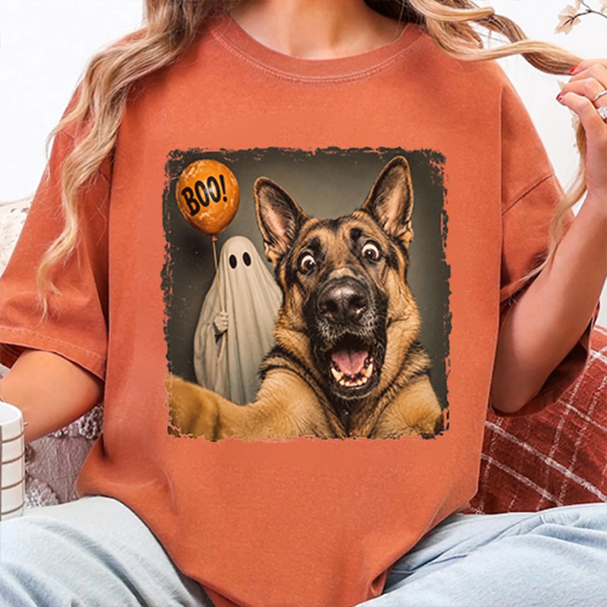 German Shepherd Halloween Ghost Selfie Vintage Comfort Colors 1717 Tee