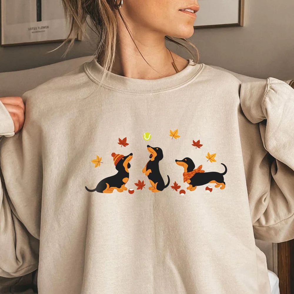 Dachshund Sweatshirt, Fall Autumn Leaves Dog Lover Crewneck, Wiener Dog Gift