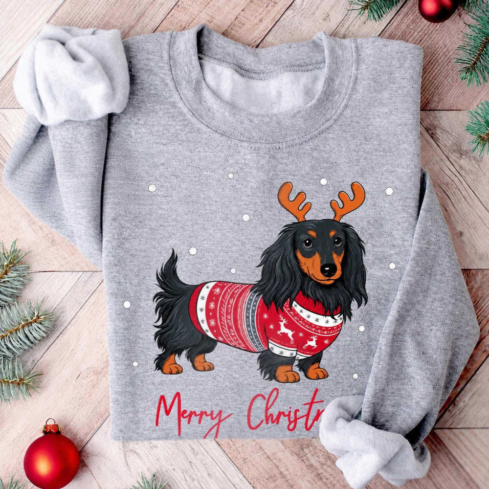 Long Haired Dachshund Christmas Sweatshirt, Wiener Doxie Dog Lover Shirt