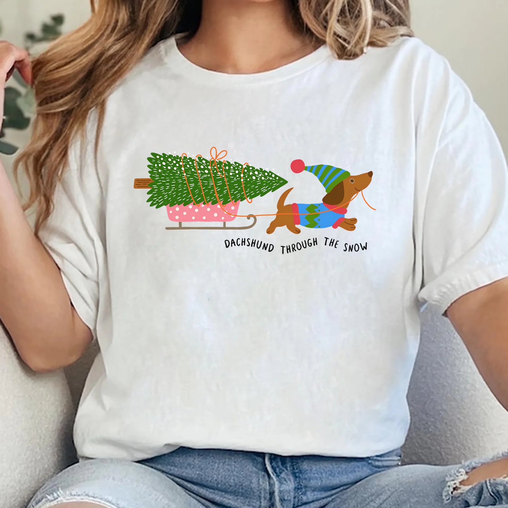 Dachshund Through Snow Christmas Shirt Reindeer Doxie Xmas Tee