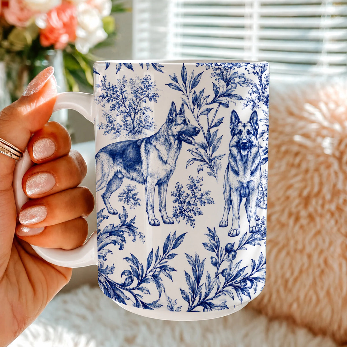 German Shepherd Toile de Jouy Mug, Blue Chinoiserie Dog Mom Gift