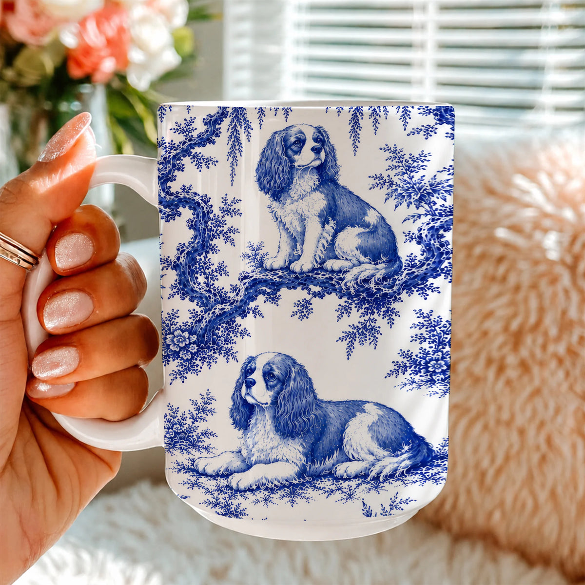 Cavalier King Charles Spaniel Toile Mug, Blue Chinoiserie Dog Mom Gift