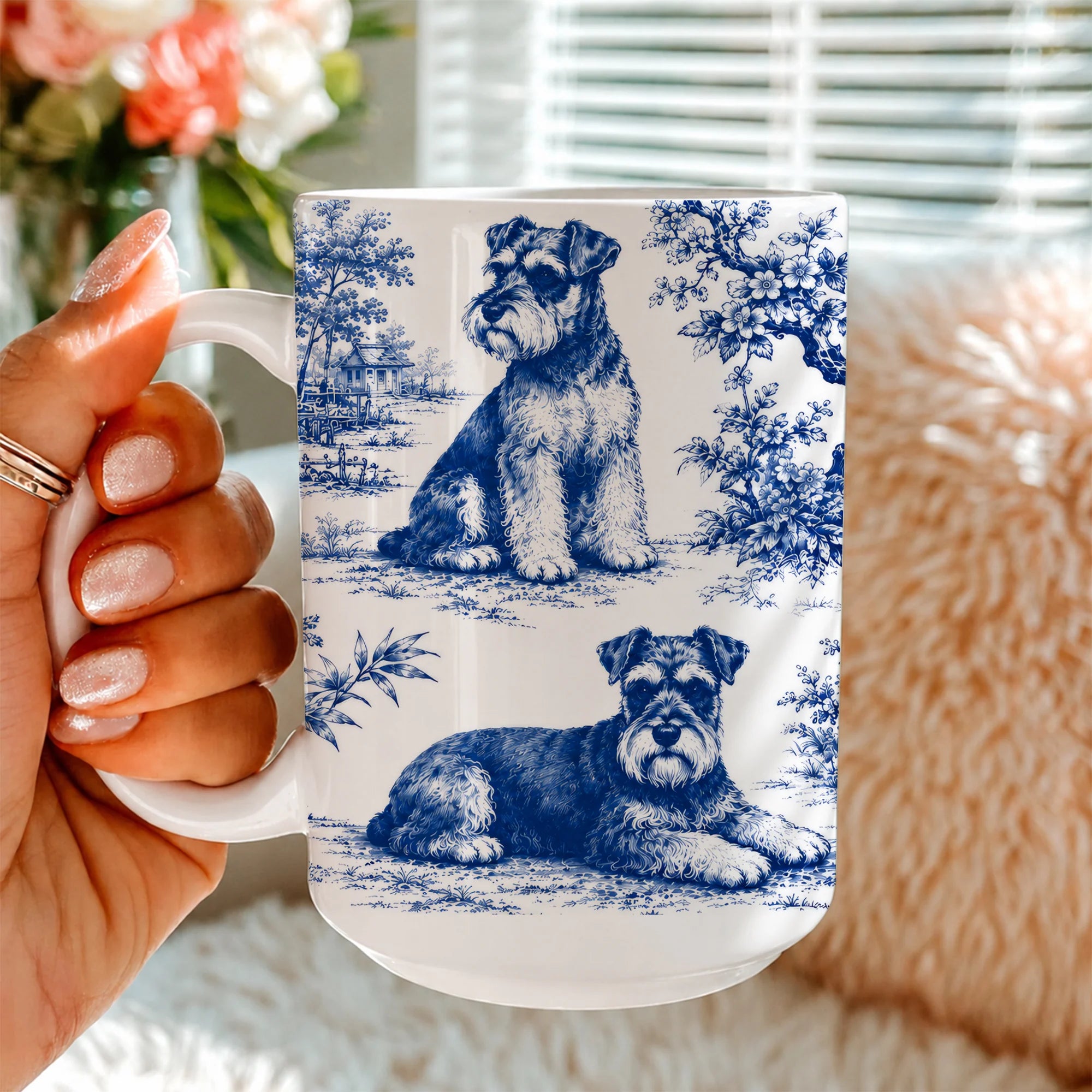 Schnauzer Toile de Jouy Mug, Blue Chinoiserie Dog Mom Gift