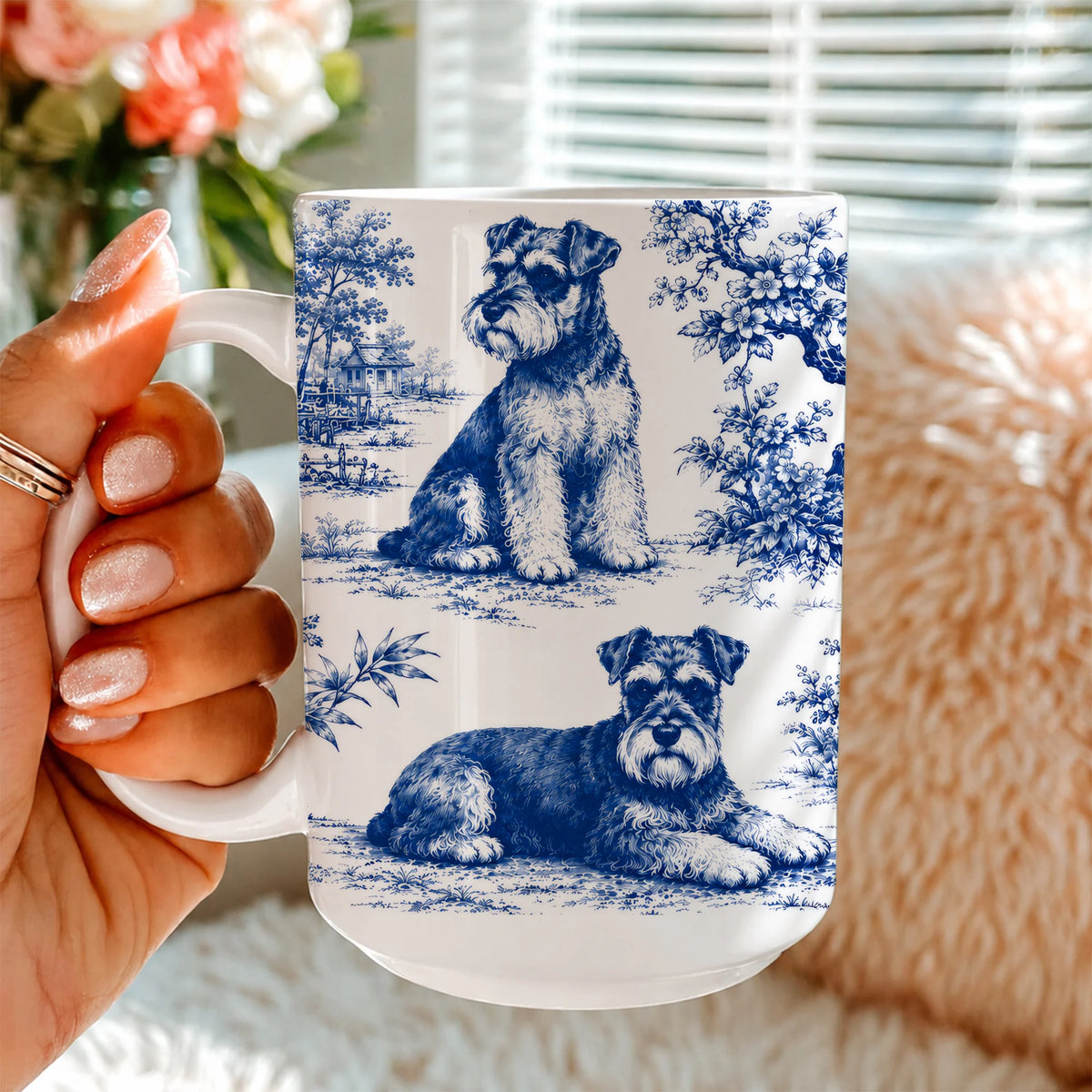 Schnauzer Toile de Jouy Mug, Blue Chinoiserie Dog Mom Gift