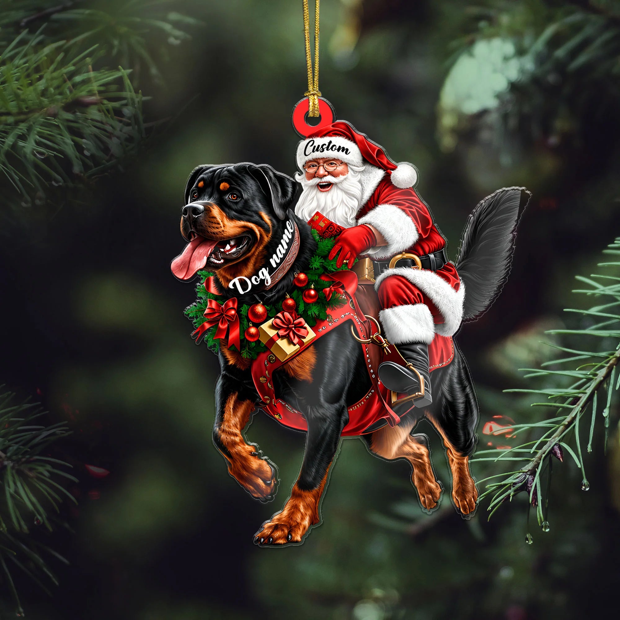 Santa Riding Rottweiler Christmas Ornament Funny Dog Lover Holiday Gift