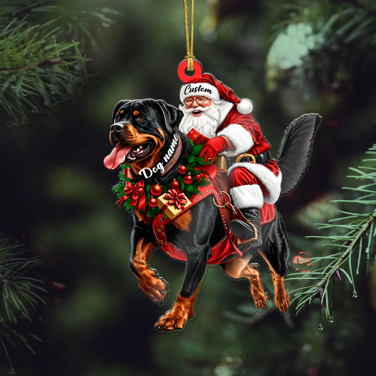 Santa Riding Rottweiler Christmas Ornament Funny Dog Lover Holiday Gift