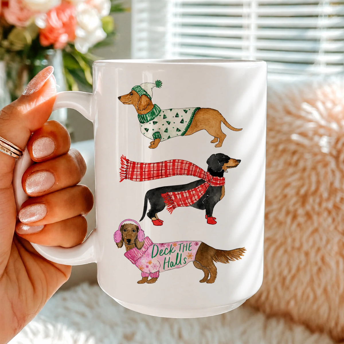 Deck the Halls Dachshund Christmas Mug, Wiener Dog Holiday Gift