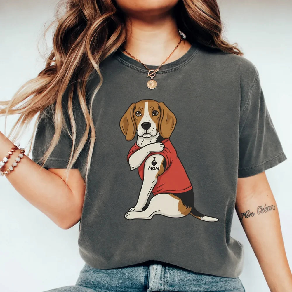 Beagle T-Shirt, Tattoo Dog Illustration, I Love Mom Pet Lover Tee