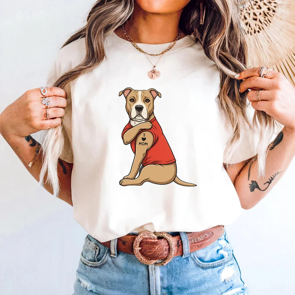Pitbull Mom Shirt, I Love Mom Tattoo Dog Lover Tee Gift