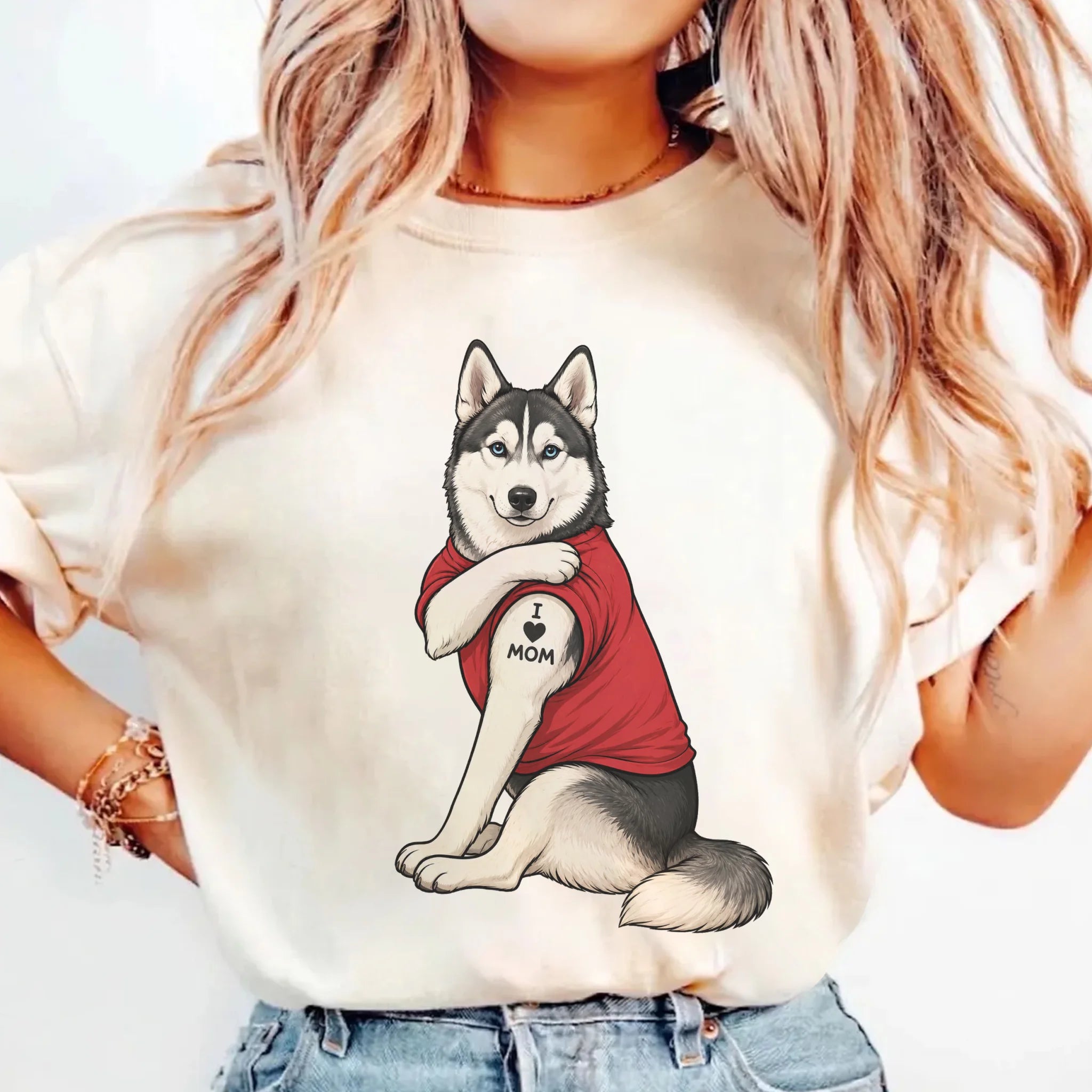 Husky Tattoo Dog Shirt Retro Mom Pet Lover Tee