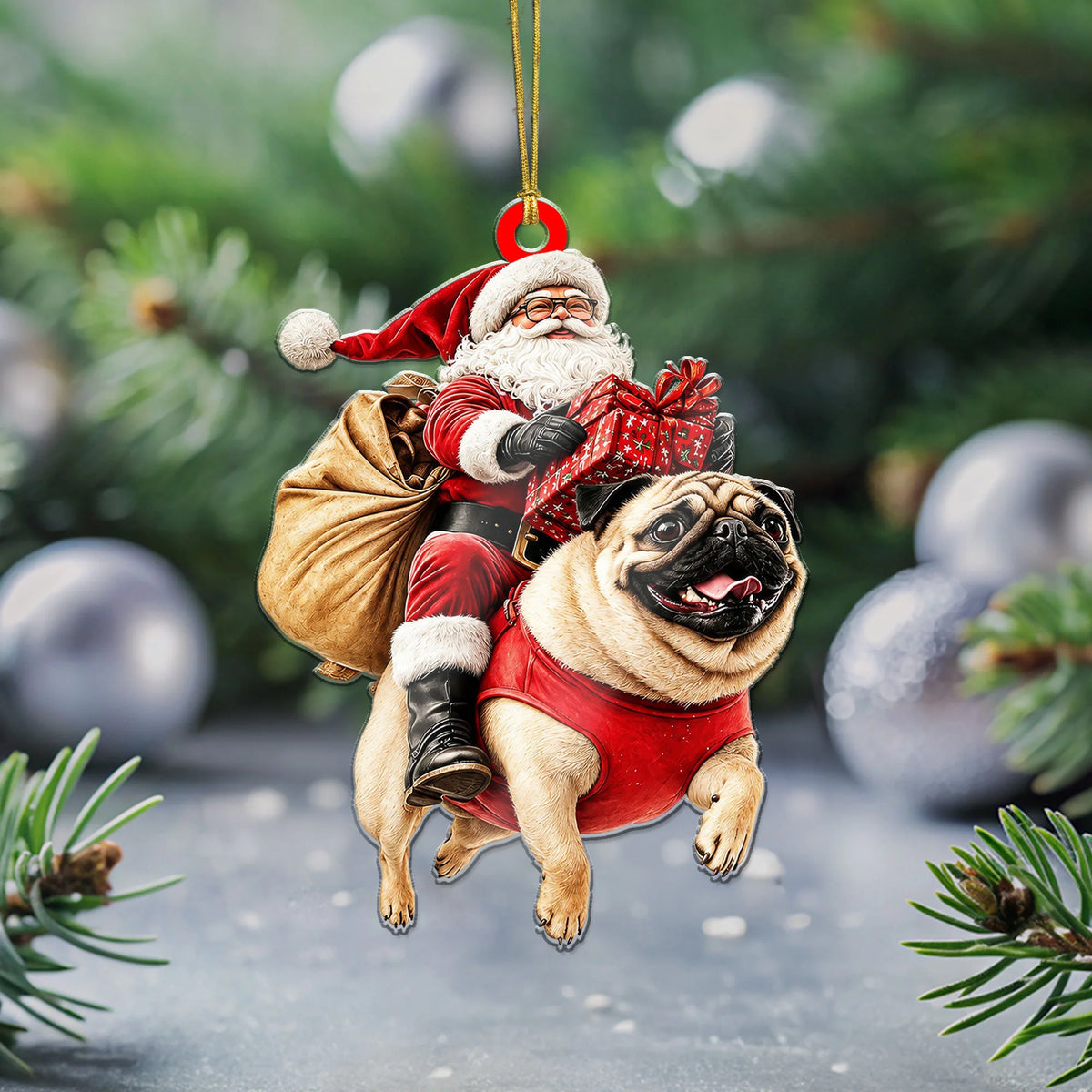 Funny Pug Santa Ornament, 2D Flat Dog Christmas Gift Decor