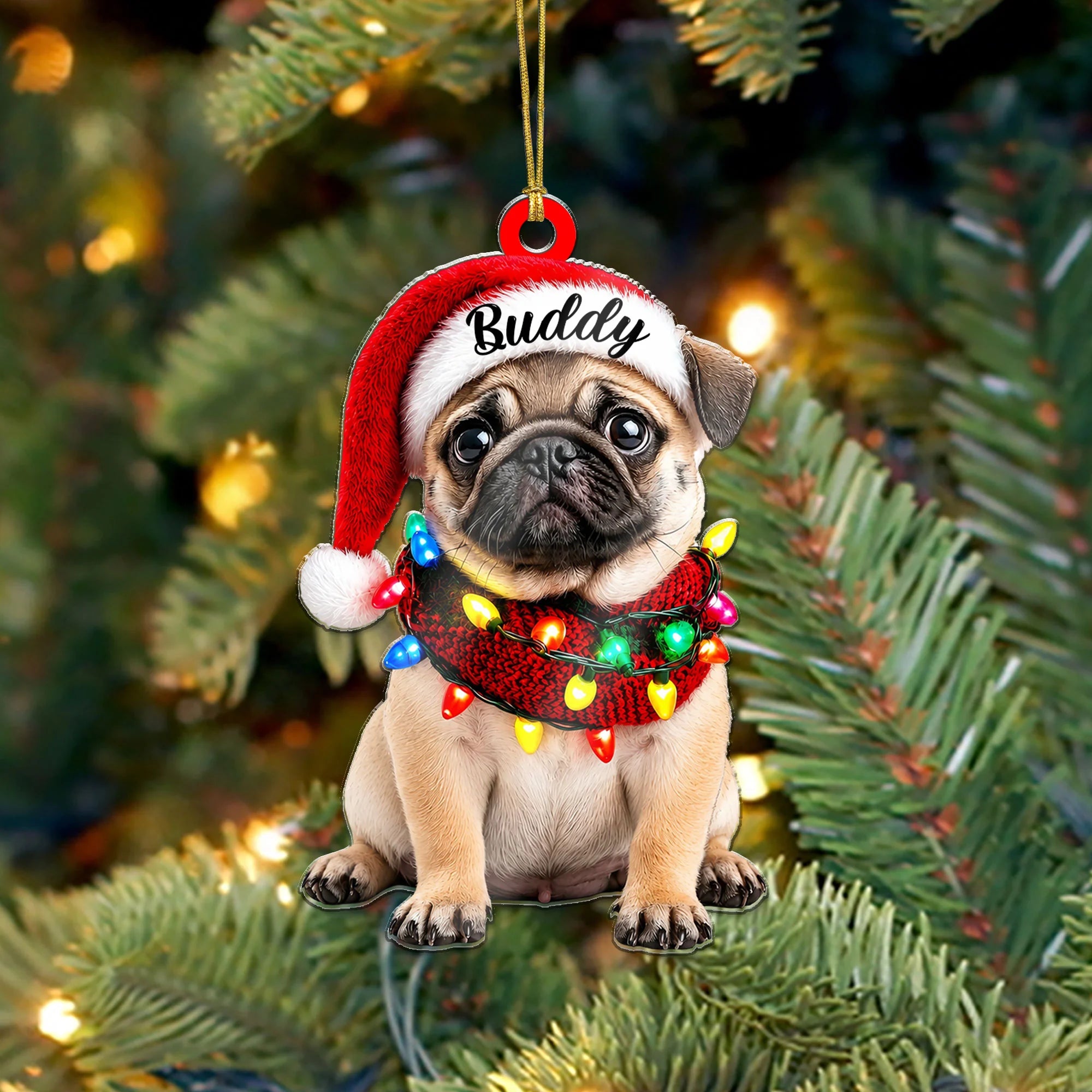 Custom Pug Santa Hat Ornament, Cute 2D Christmas Dog Decor