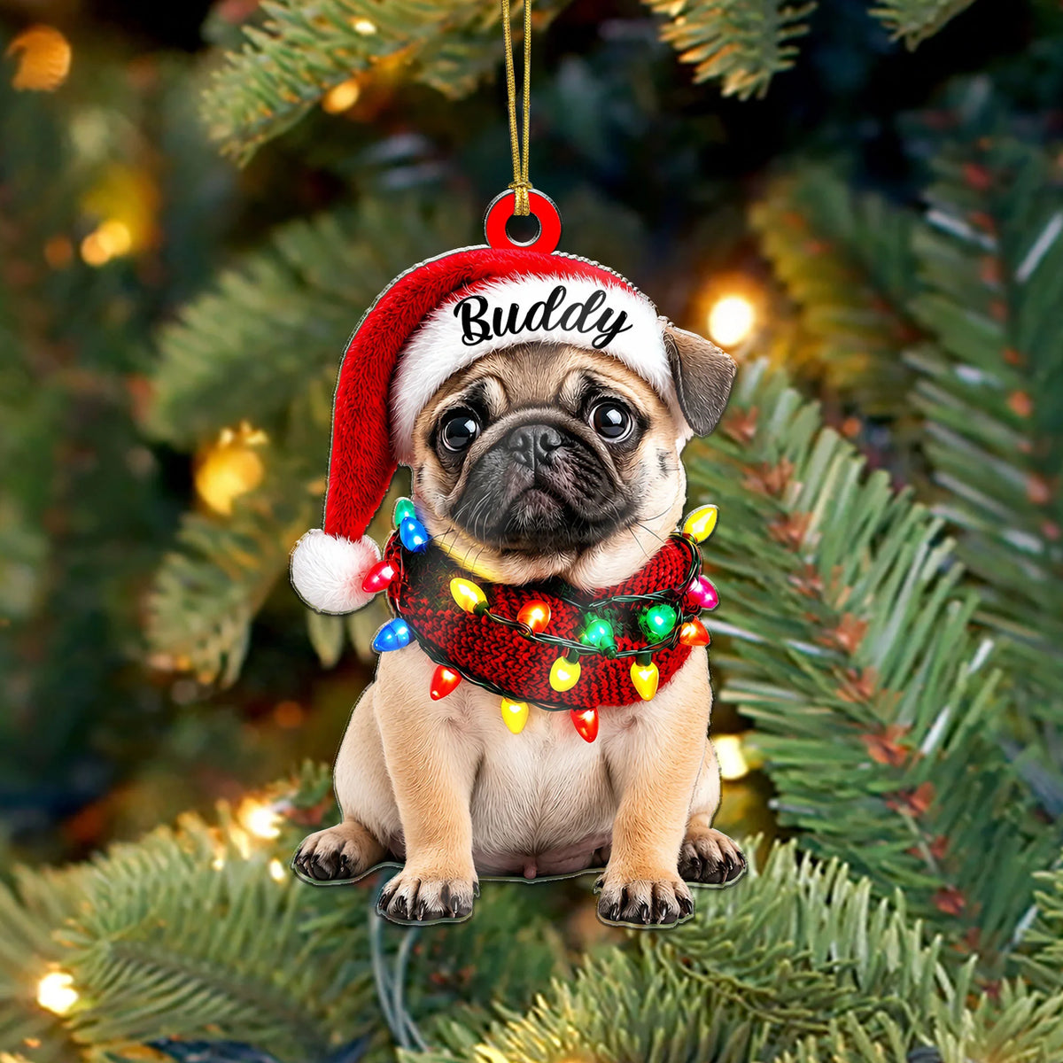 Custom Pug Santa Hat Ornament, Cute 2D Christmas Dog Decor