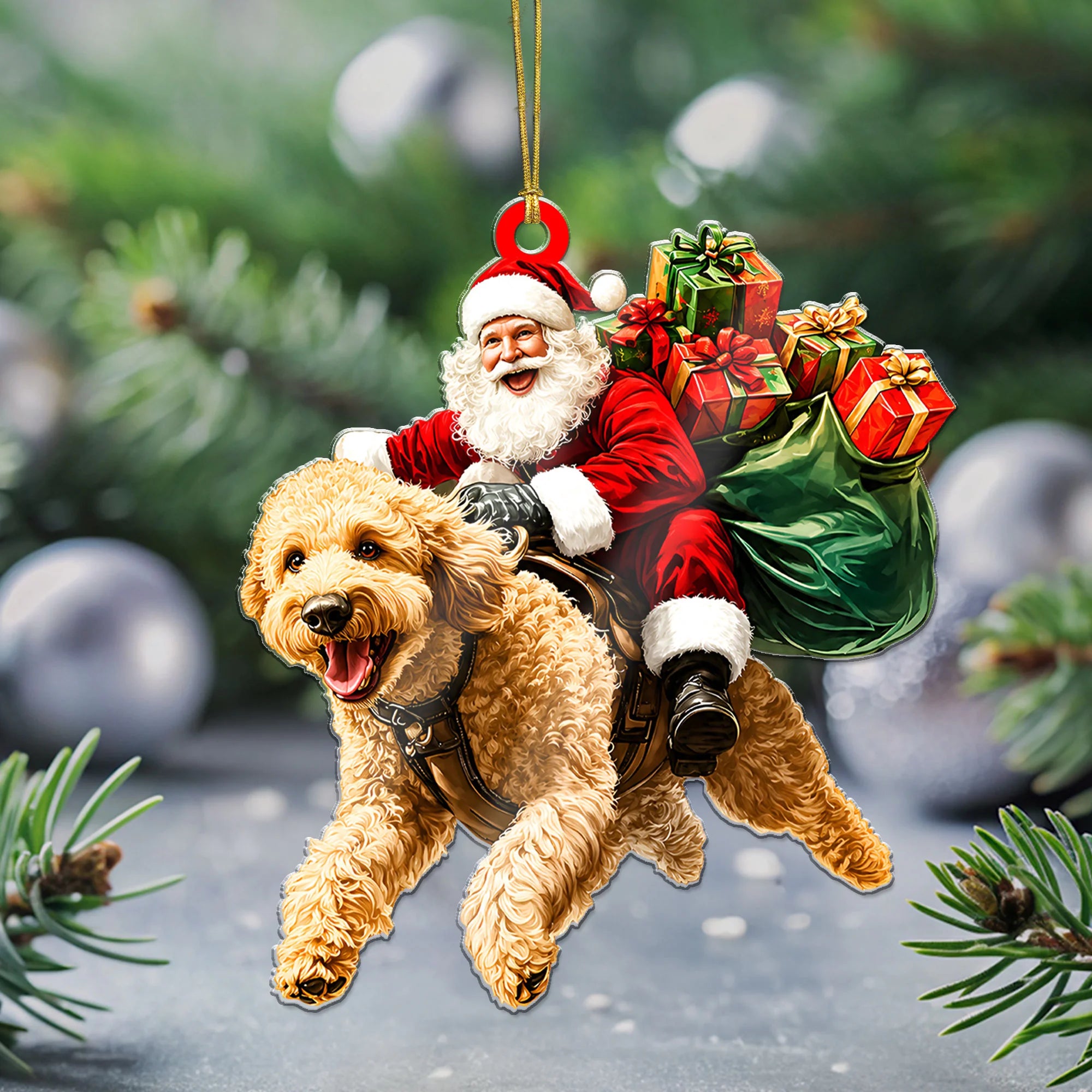 2D Flat Goldendoodle Santa Ornament, Acrylic Christmas Dog Lover Gift