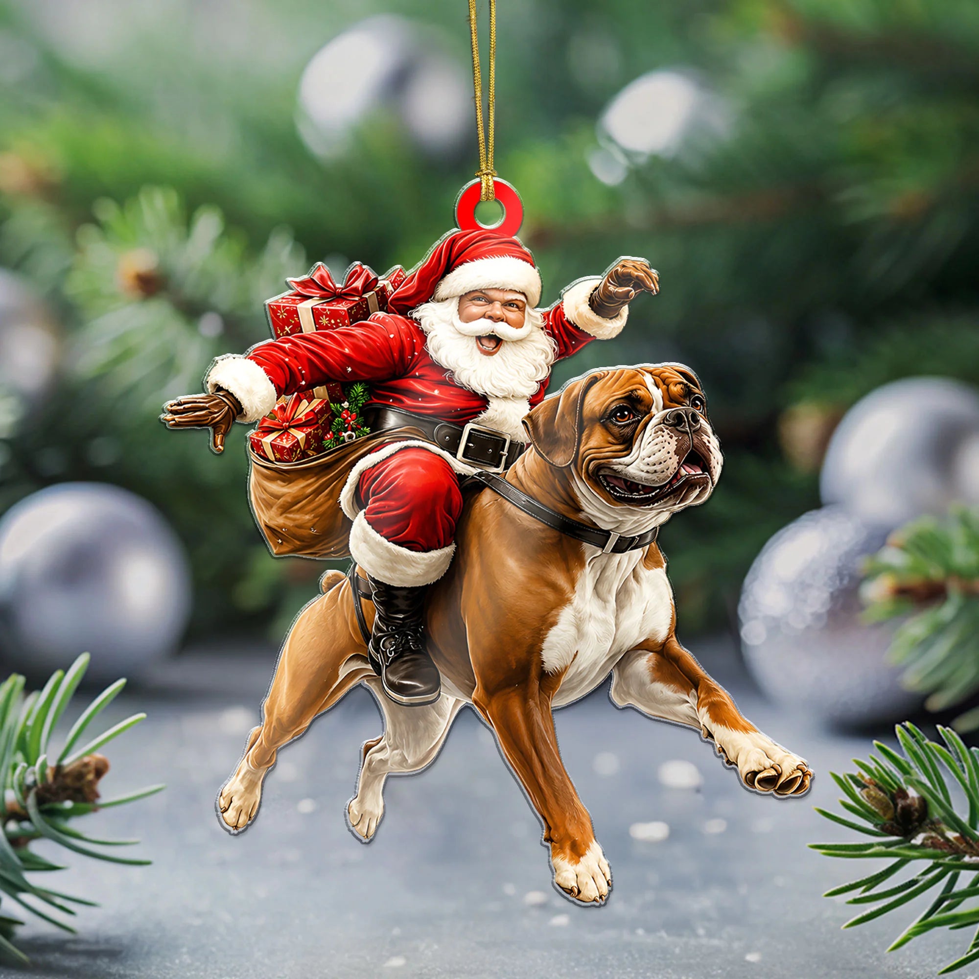 2D Funny Boxer Santa Ornament, Dog Lover Christmas Hanging Gift