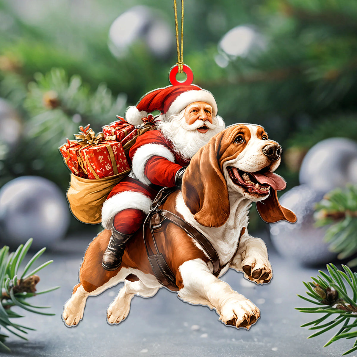 Basset Hound Santa Ornament, Dog Hanging Christmas Lover Gift Decor