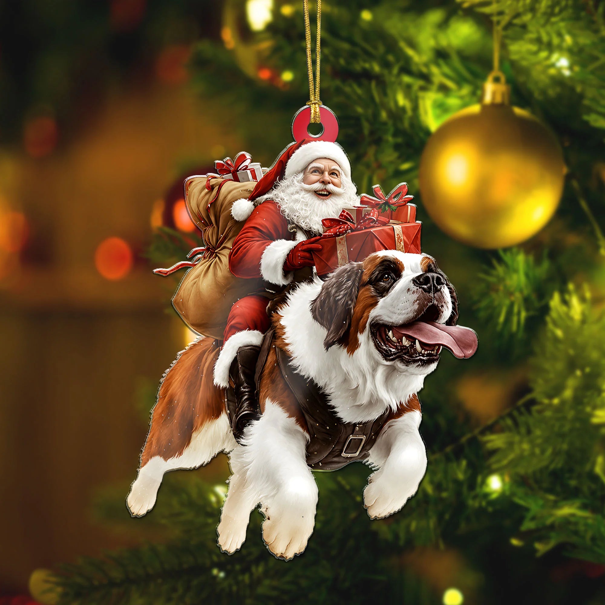 Funny Saint Bernard Santa Ornament, 2D Flat Christmas Dog Gift