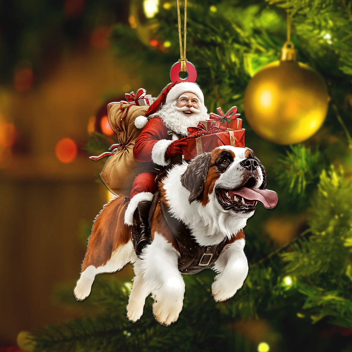 Funny Saint Bernard Santa Ornament, 2D Flat Christmas Dog Gift
