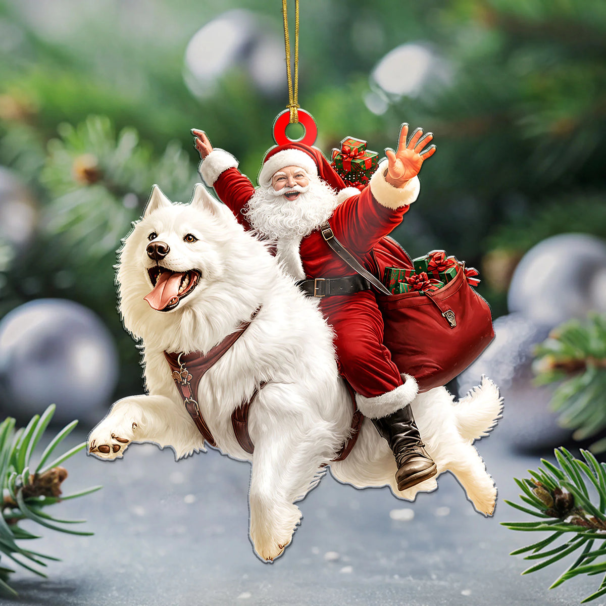 2D Funny Samoyed Santa Ornament, Dog Lover Christmas Hanging Gift