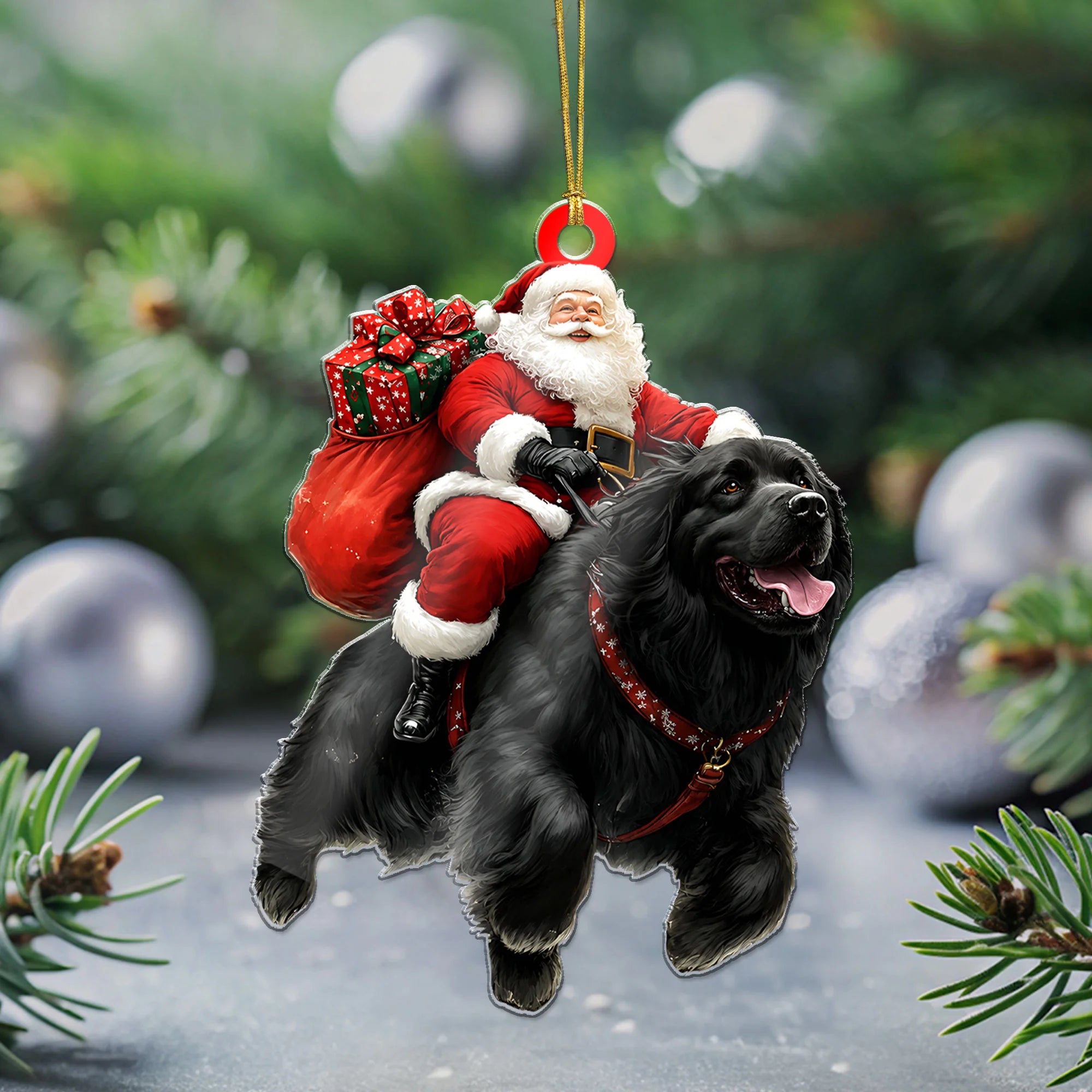 2D Newfoundland Santa Ornament, Funny Dog Christmas Lover Hanging Gift
