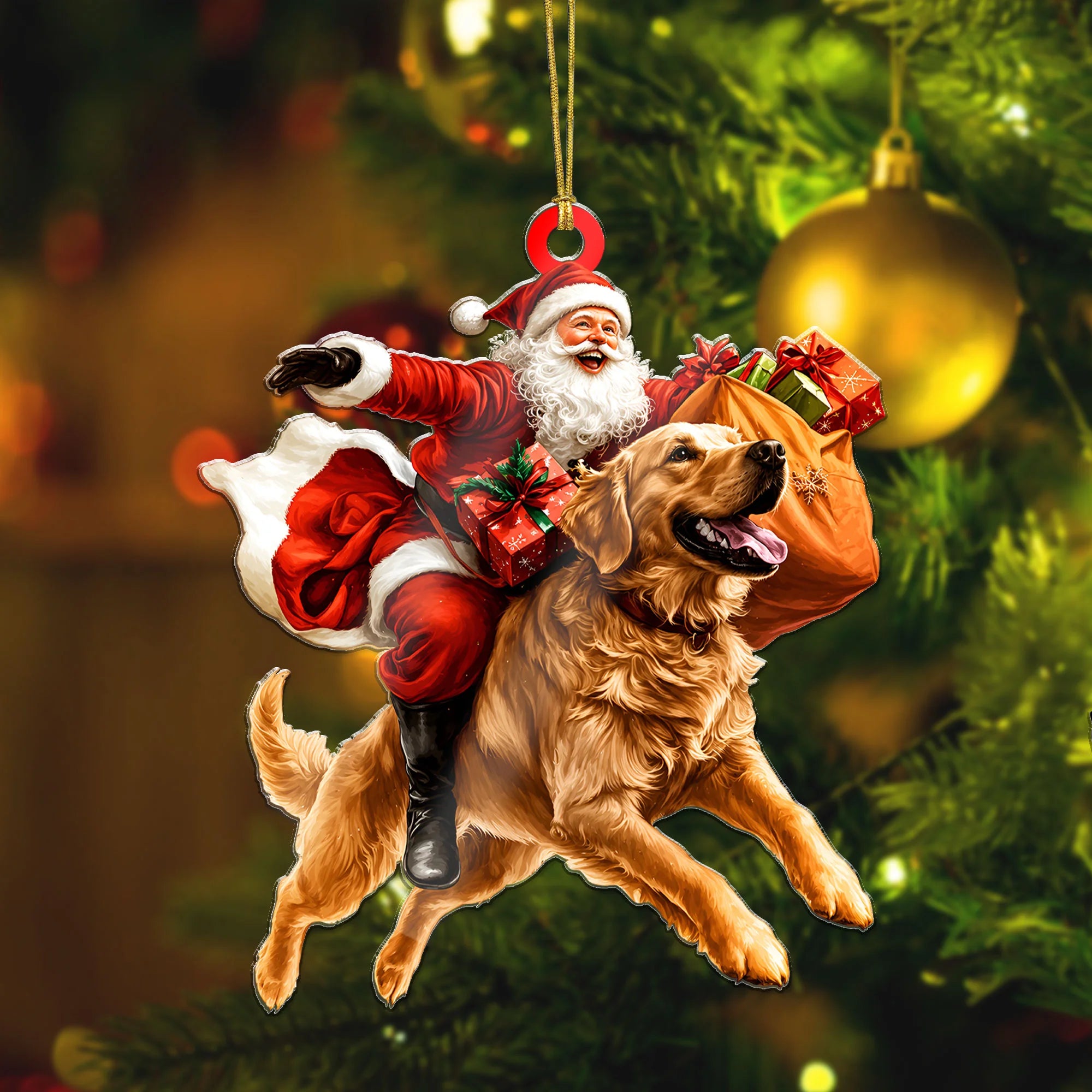 2D Flat Golden Retriever Santa Ornament, Funny Dog Christmas Gift