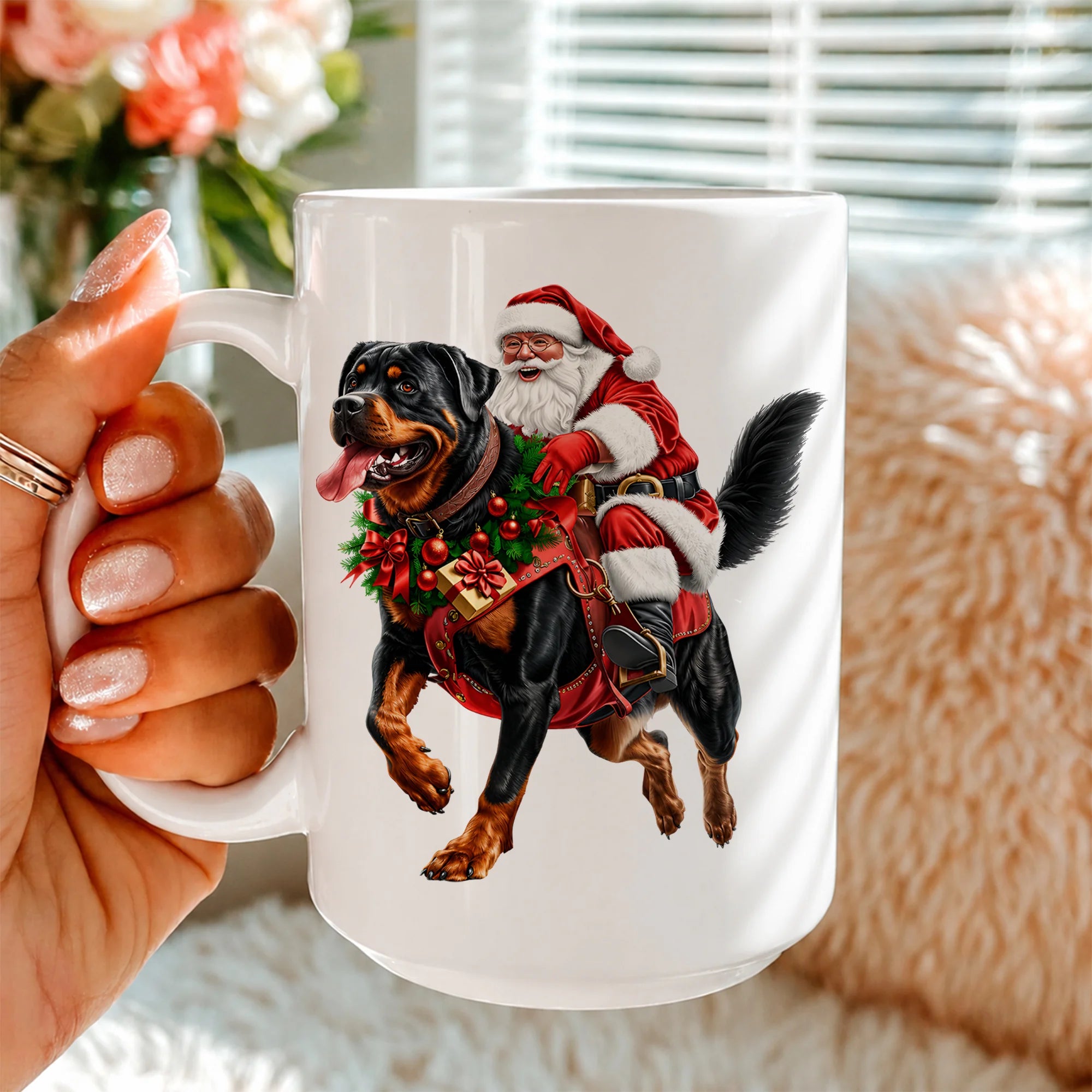 Santa Riding Rottweiler Christmas Mug, Funny Dog Lover Holiday Gift