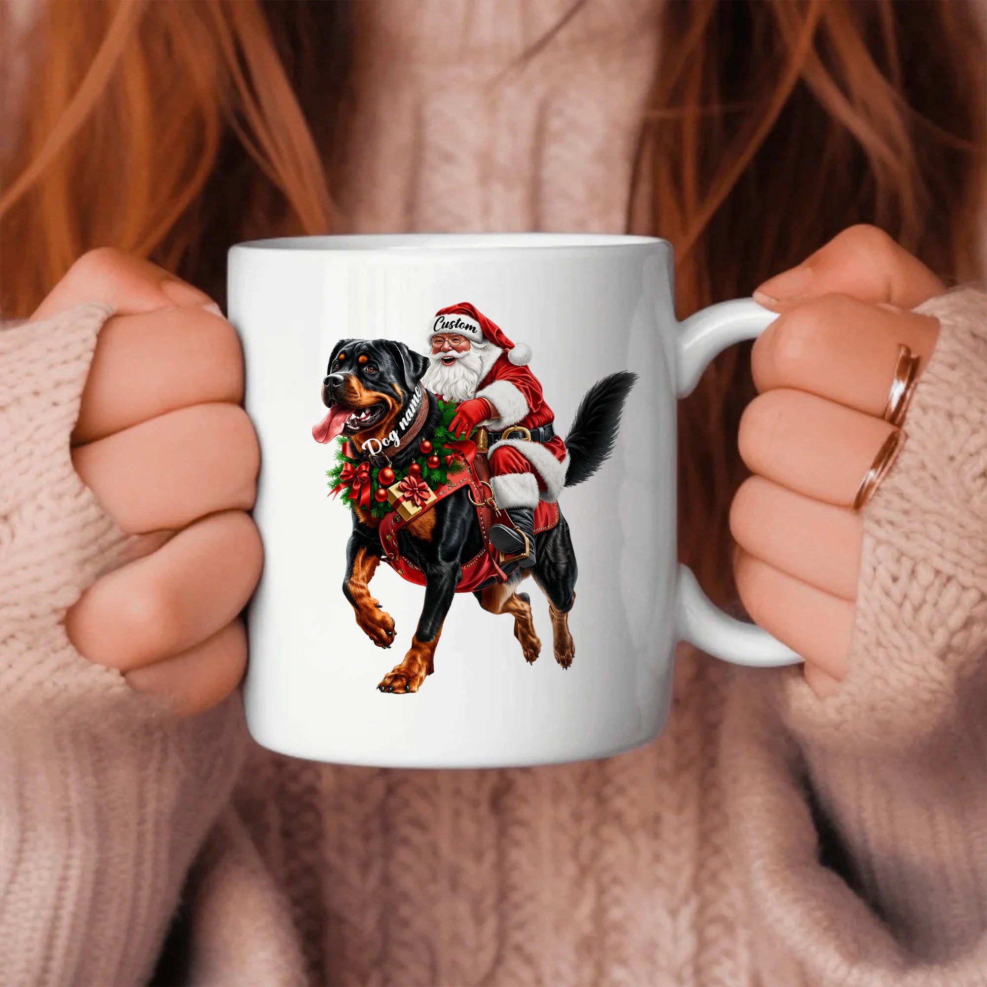 Santa Riding Rottweiler Christmas Mug, Funny Dog Lover Holiday Gift